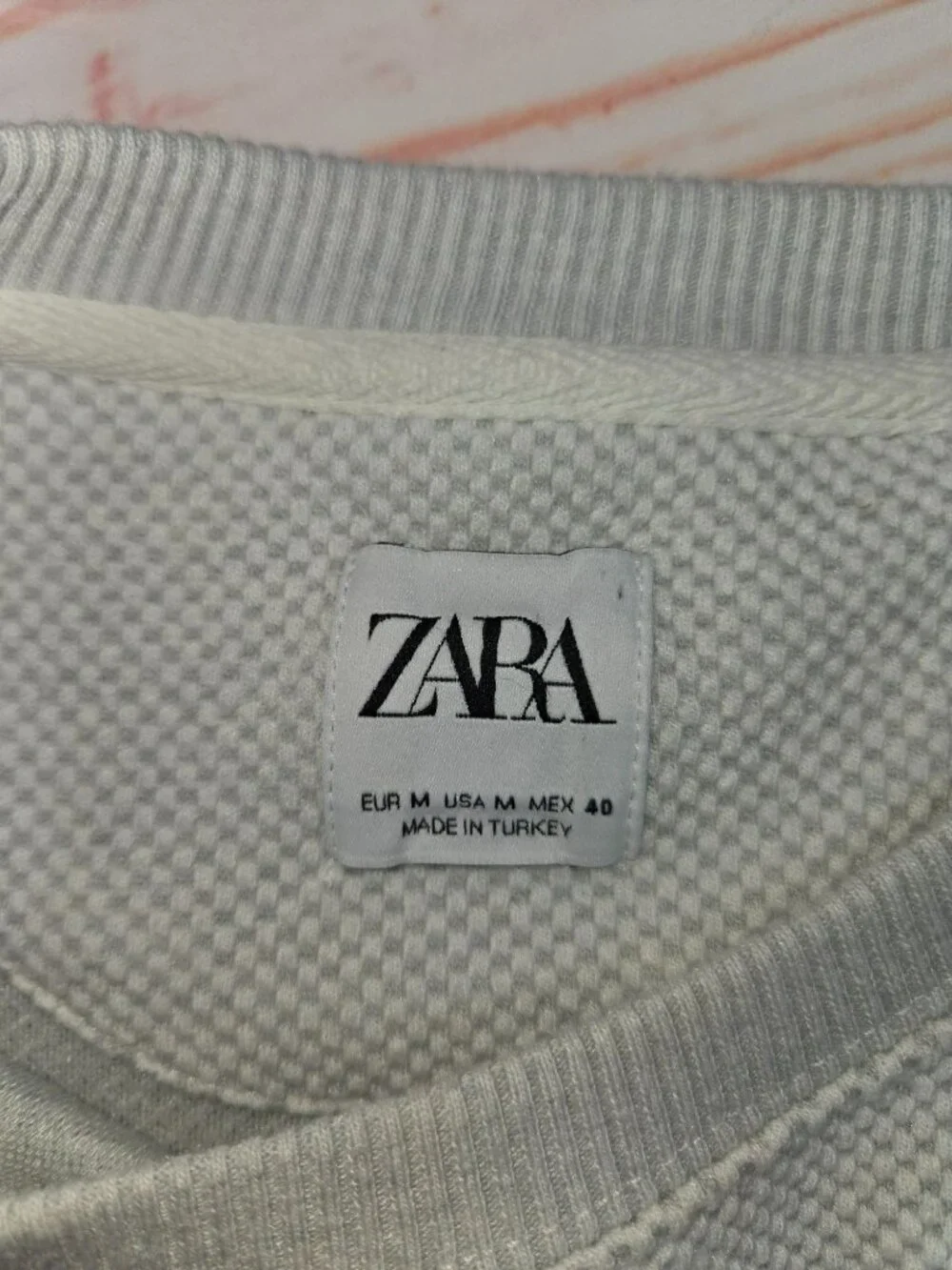 Zara Mens Ribbed Crewneck Knit Sweater Light Beige Medium Textured